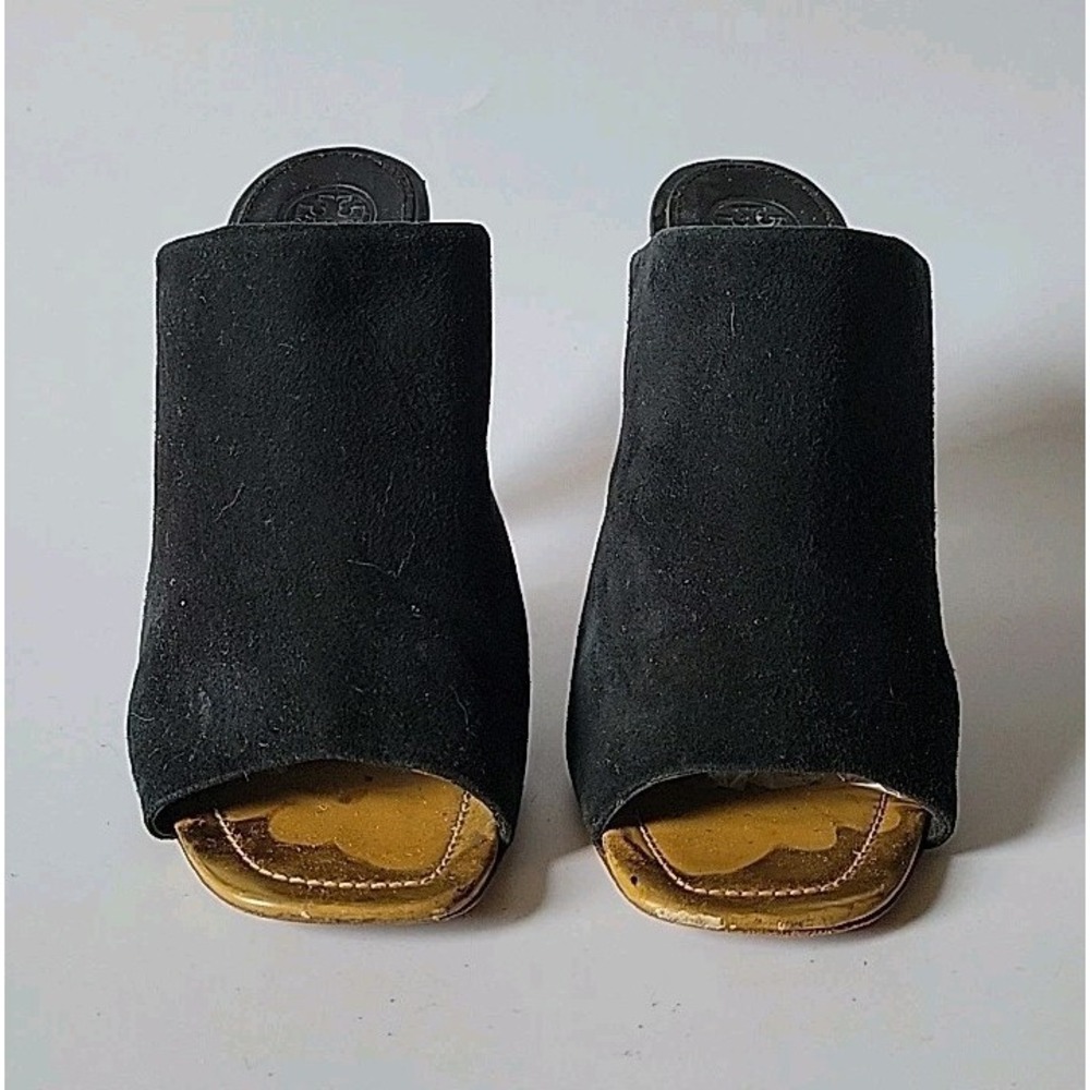 Tory Burch Ellis Open Toe Mules 7.5M Genuine Suede Chambray‎ Designer Preppy - Picture 3 of 14